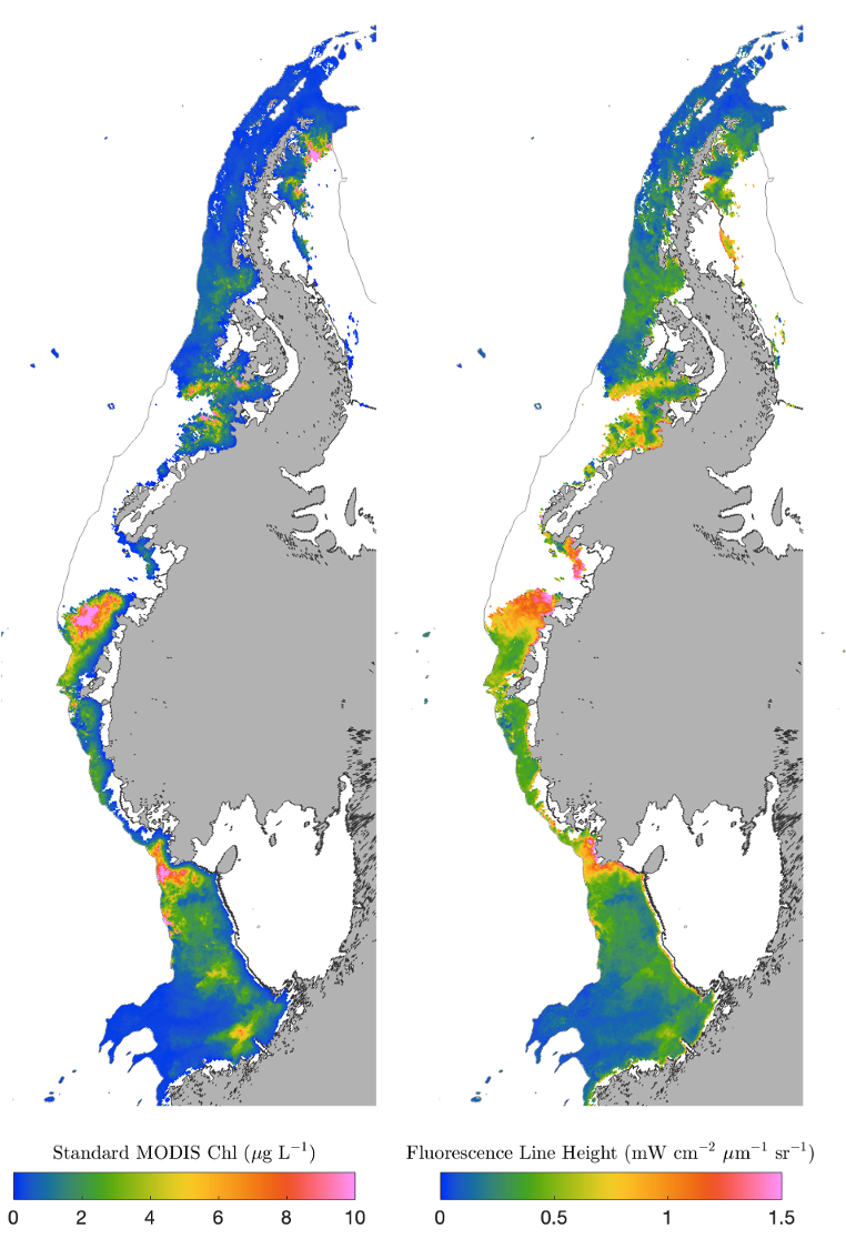 January 2022 composite for level-3 MODIS chlor_a vs. level-3 MODIS fluorescence line height.