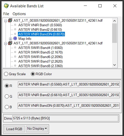 ASTER L1T band view in ENVI