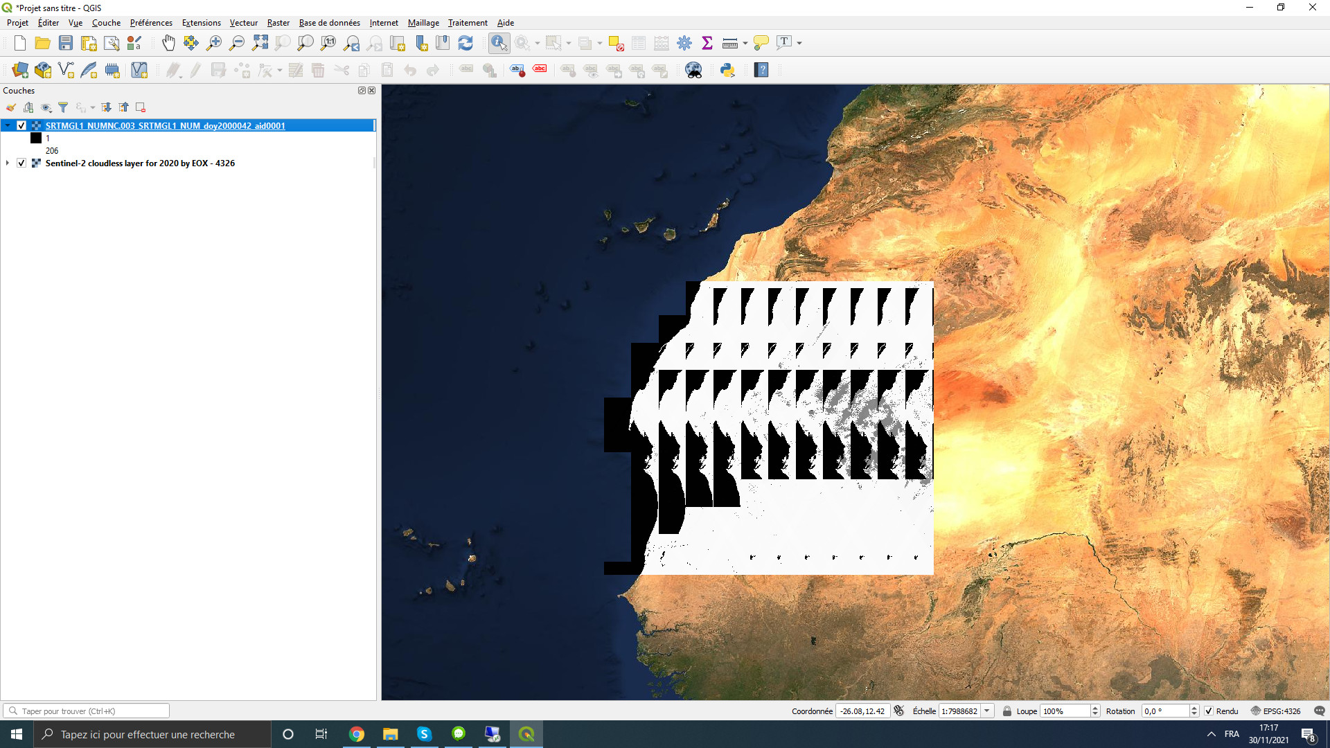 Shows the result of an AppEEARS request of SRTMGL1N over the North of Africa.