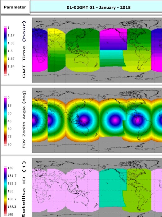 Top image is the GMT time for the GEO observations used between 1 and 2 GMT. The middle image is the GEO view zenith angle. The bottom image is the satellite ID of the GEO used.